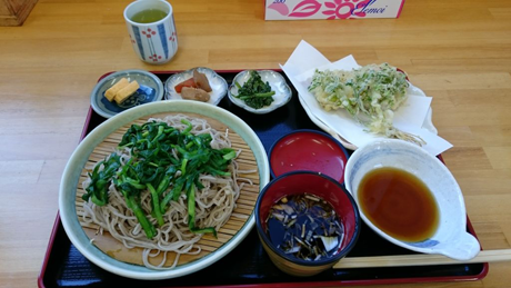 清流の郷 かすお かぬま名物のニラそばと地元野菜の天ぷらと煮物